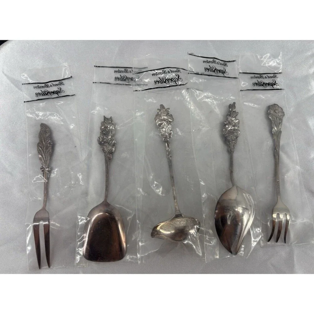 New Reed & Barton Harlequin Rose Silverplate 5 Pc Hostess Serving Set Floral Vtg